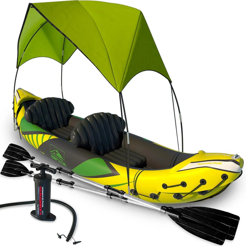 Inflatable Kayak 2 Person with Sun Canopy (Detachable) Kayaks for Adults 3rd Seat for Dog/Child Waterproof Phone Bags Adjustable Seats Kayak Backrests & More New 2024 Yellow Green O8437