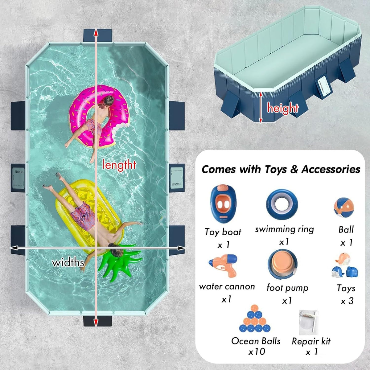 Pool Above Ground/Wood Frame Swimming Pools, 5feet/ 6foot/ 7ft/ 8ft/ 9ft/ 13ft Long Outdoor Mini Large Rectangular Pool for Indoor Outdoor Backyard Home, Toddler Adults Relax Pool (Size: 1.6x1.2x0.