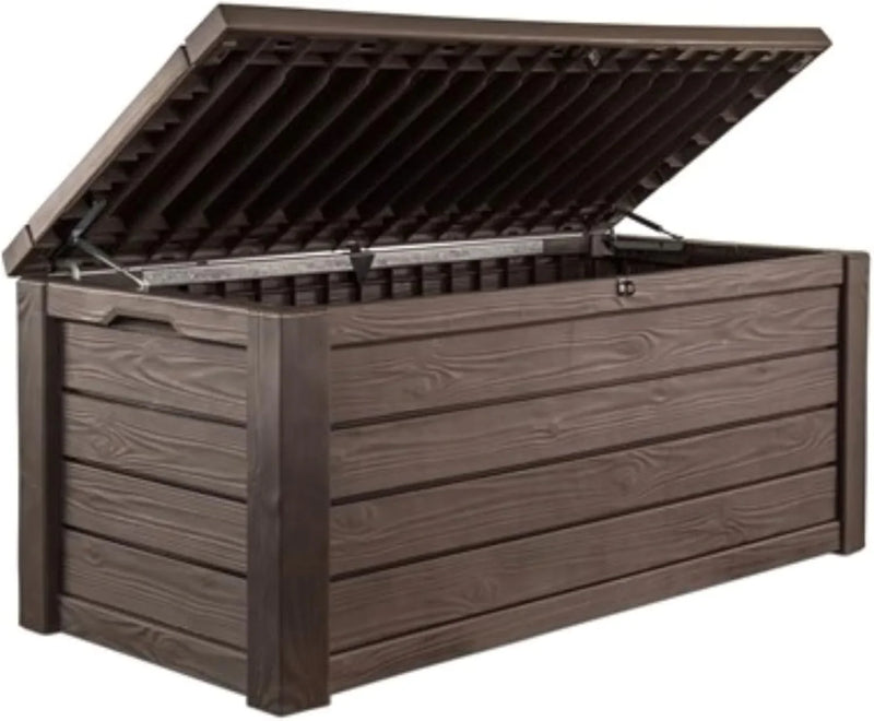 Outdoor storage deck box, 150-gallon resin deck storage box and bench, with wood-grain design, in brown color scheme W5916