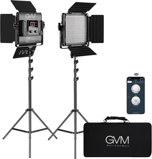 2 Pack LED Video Lighting Kits with APP Control, Bi-Color Variable 2300K~6800K with Digital Display Brightness of 10~100% for Video Photography, CRI97 TLCI97 Led Video Light Panel Barndoor L1781