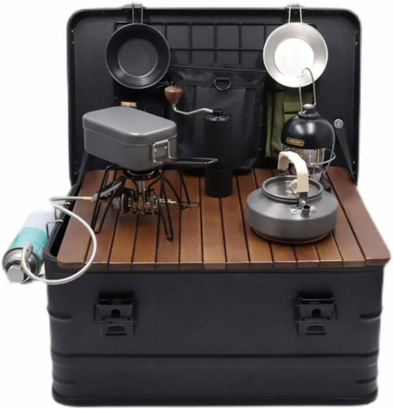 Camping box - Waterproof outdoor metal storage box, 47 liters, portable RV box, equipped with a wooden table and a set of 3 storage bags, large capacity storage box O5164