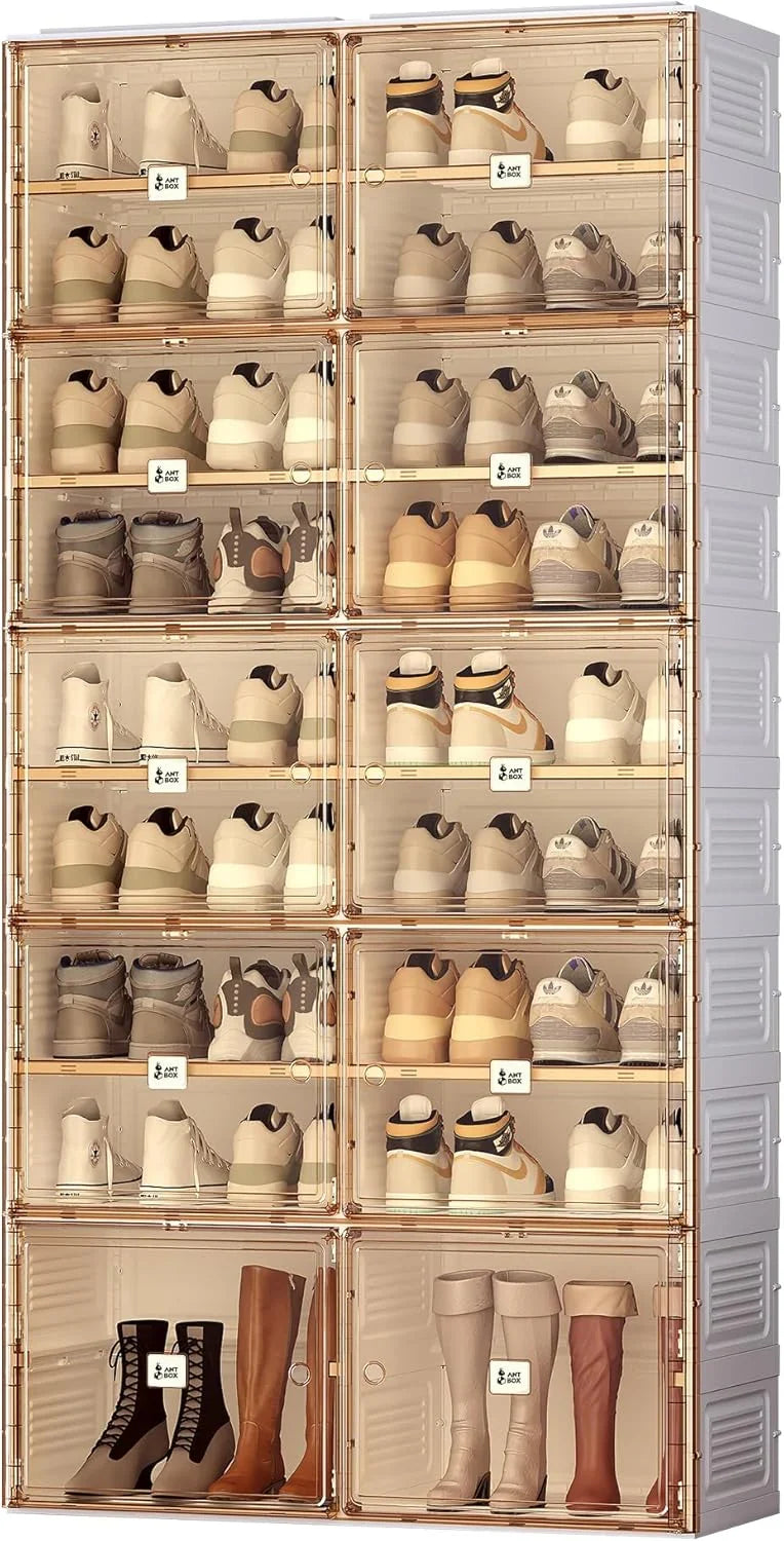 Portable shoe rack organizer, suitable for the entrance of the closet, stackable storage cabinet for sports shoes, shoe cabinet with magnetic transparent doors, large plastic storage container box (with lid), with 5 layers, can hold 20 N2791