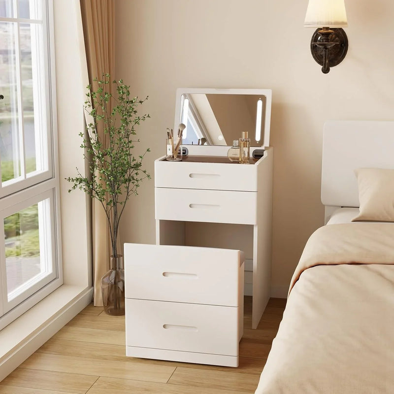 Solid Wood 3 in 1 Vanity Desk with Flip Top Mirror, No Assembly, Compact Vanity with Hidden Chair, Small Makeup Vanity Set with Power Outlet, Dressing Table for Bedroom, White R5635