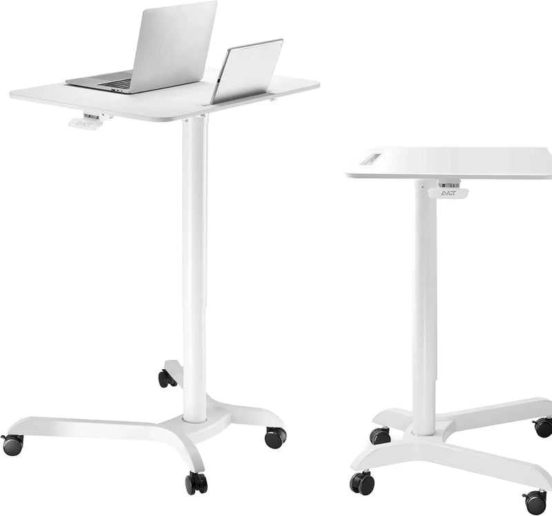 Portable laptop desk cart (3 feet 8 inches) - Mobile rolling desk - Computer projector cart - Adjustable height foldable mobile folding table - White mobile frame with brake wheels H5642
