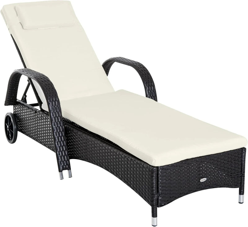 Wicker Outdoor Chaise Lounge, 5-Level Adjustable Backrest PE Rattan Pool Lounge Chair with Wheels, Cushion & Headrest, Brown and Dark Blue U5027