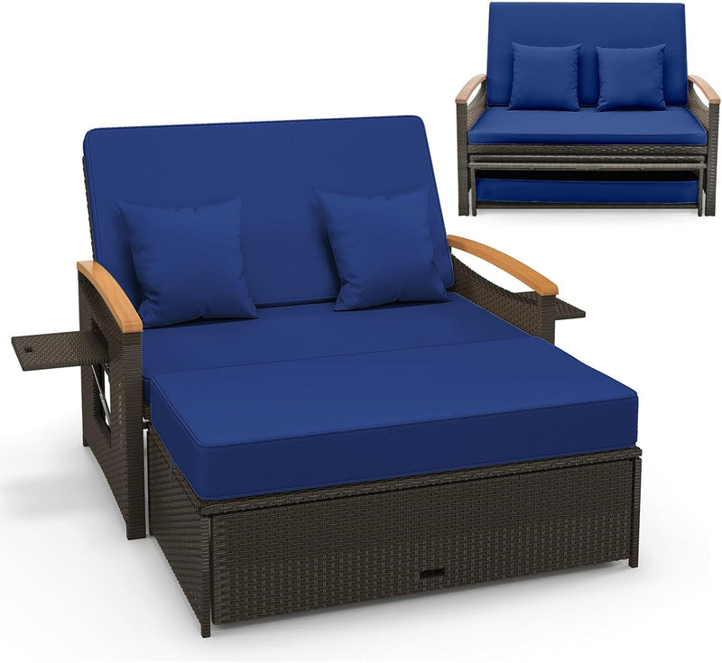 Moccha Outdoor Wicker Daybed, Patio Rattan Loveseat Sofa w/ 4-Level Adjustable Backrest, Folding Panels, Storage Ottoman & Cushions, Lounge Furniture Set for Poolside Backyard Porch (Beige) Z0698