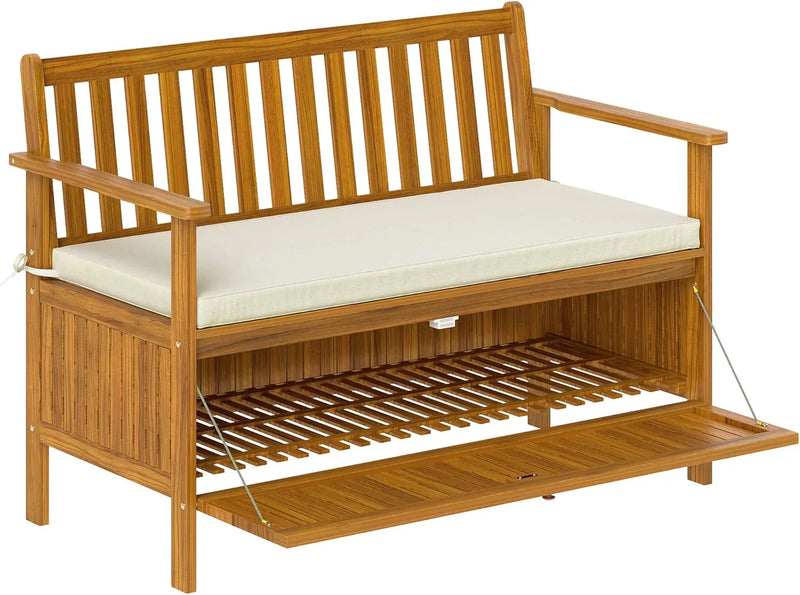 Outdoor bench with storage box, 28-gallon outdoor storage bench, garden seat made of rosewood with cushion, suitable for parks, balconies, and terraces, double-person outdoor furniture, made of teak material K3431