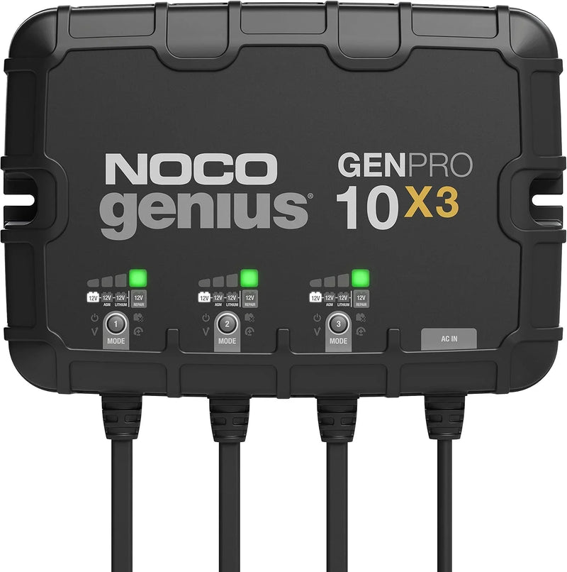 Three sets of batteries, 30-ampere built-in battery charger - Each set consists of 10-ampere, 12-volt waterproof marine charger, featuring overcharge protection and temperature compensation functions - Suitable for lead-acid batteries and T3261