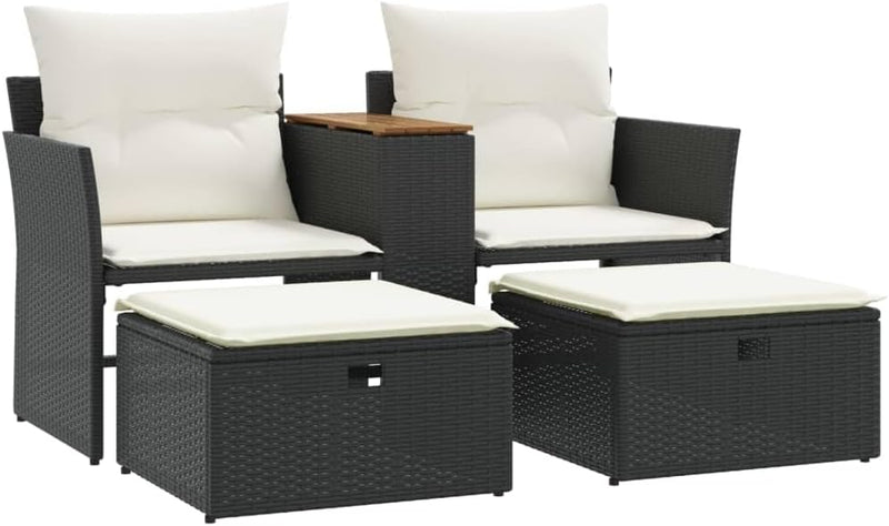Multi-functional balcony sofa (for two people, with sunshade) - Black polyester wicker double-seat sofa, with built-in table, stool and washable cushion O4883