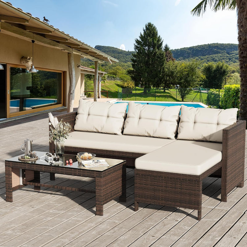 Outdoor Patio Furniture Sets, Wicker Patio sectional Sets 3-Piece, All Weather Wicker Rattan Patio Seating Sofas with Glass Coffee Table and Cushion (Beige) M7378