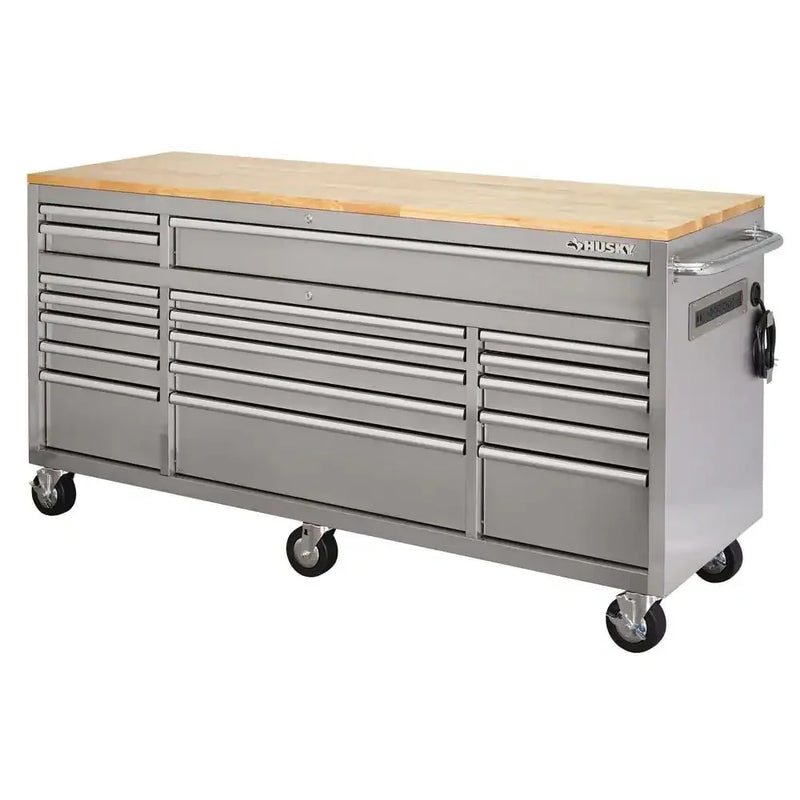 72 in 18-Drawer 24 in. D Mobile Workbench with Solid Wood Top Stainless Steel F3841