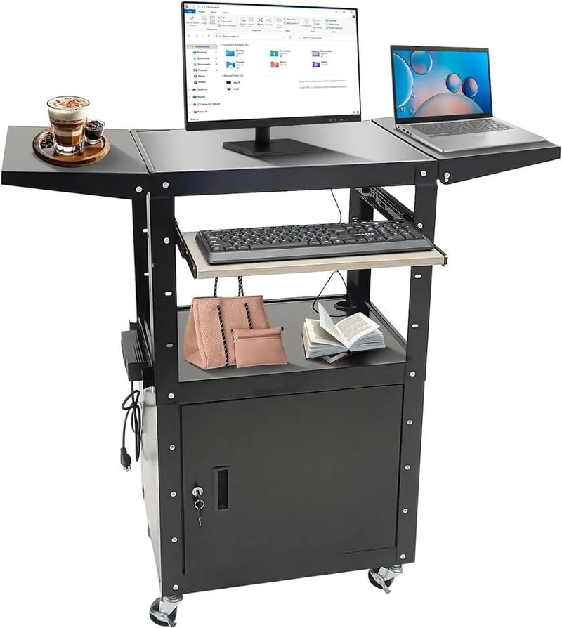 Upgraded AV Cart, Adjustable-Height Steel AV Cart with Locking Cabinet and Pullout Keyboard Tray, Rolling Media Cart with Wheels & Power for Computer Laptop Projector Printer (Black/43"x18"x43") P0310