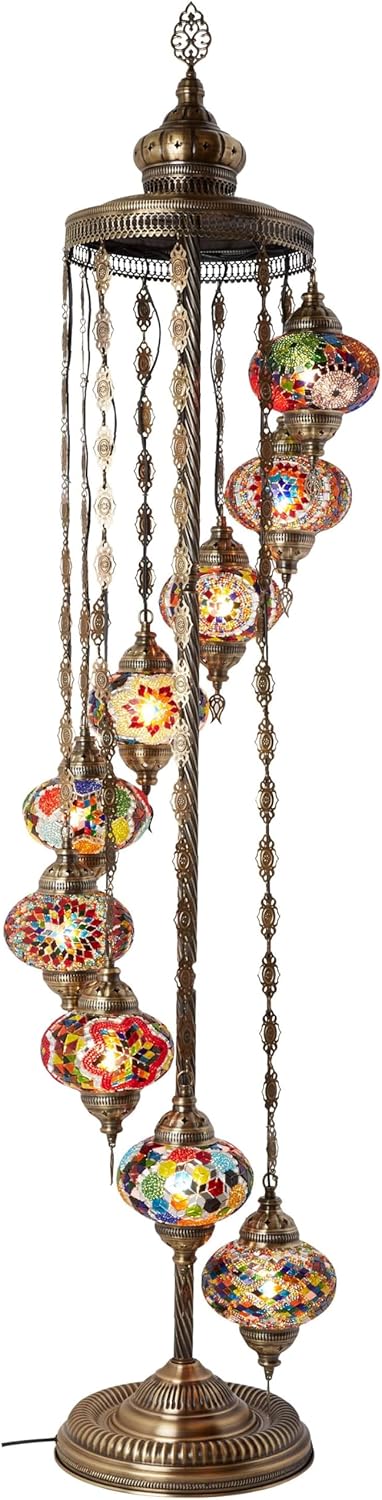 Turkish Moroccan mosaic floor lamp, with 9 lampshades and 6 feet in height - a Tafini-style standing decorative Bohemian-style lamp, equipped with colored lampshades, suitable for bedrooms, living rooms, and entrances - handmade in Turkey, available G0592