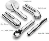 Kitchen Tool Set - Five-piece essential kitchen items - Made of stainless steel - Includes can opener, pizza cutter, garlic press, ice cream scoop, vegetable peeler and storage organizer box
