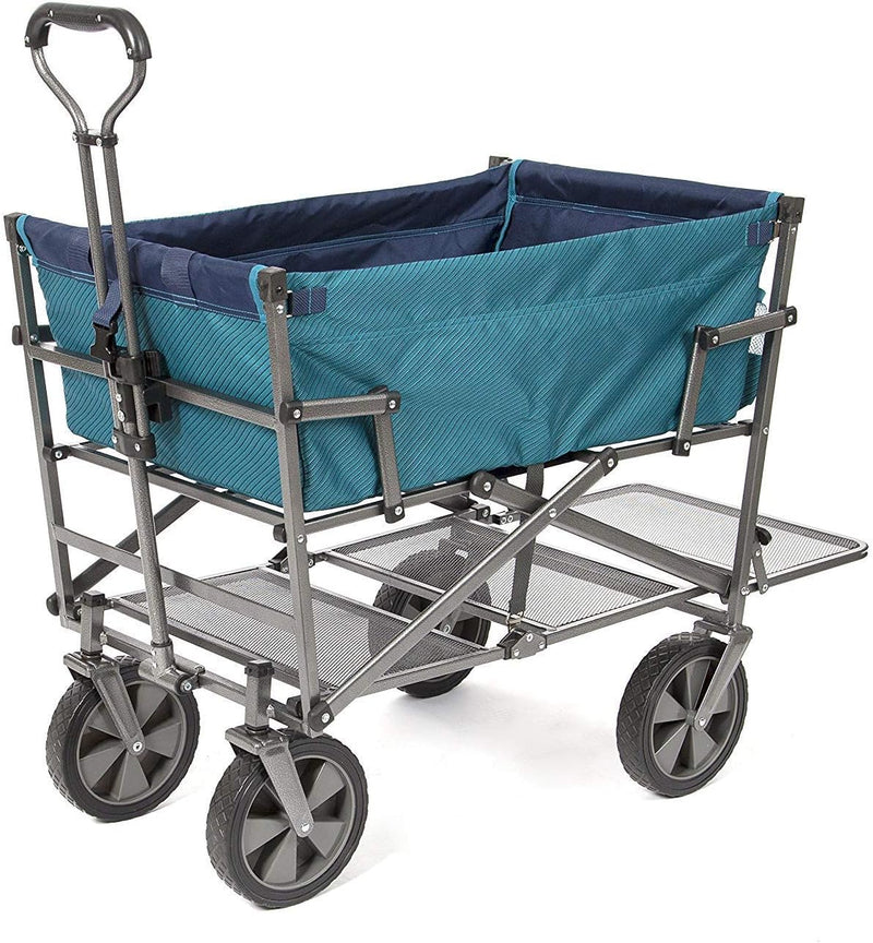 A foldable double-layer outdoor multi-functional truck, equipped with a long lower shelf, in blue-green color. A4264