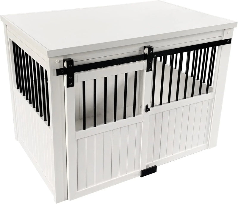 Farm sliding cowshed door furniture-style dog cage - antique white, large size. Unique style, durable and sturdy. Removable seat cushion. Easy to assemble. T3008