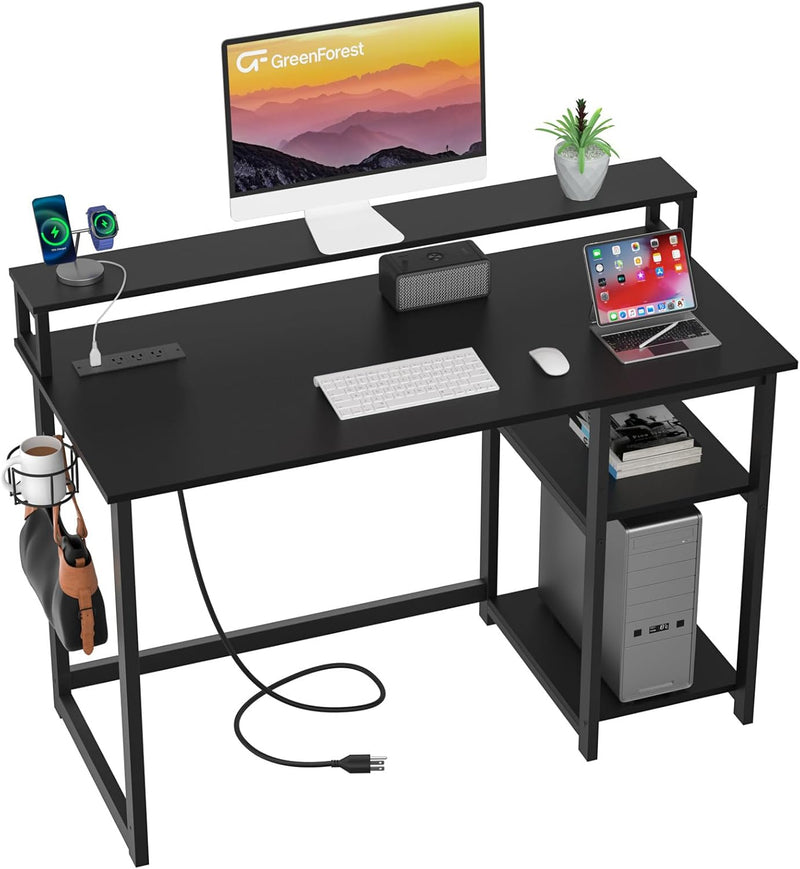 47 inch Computer Desk with Power Outlets, Small Home Office Desk with Ergonomic Monitor Stand, Reversible Gaming Desk, Modern Study Desk, Laptop Desk, White L7763