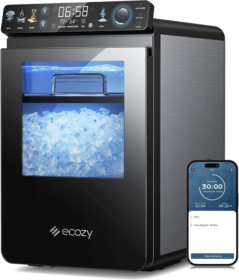 Nugget Ice Maker Countertop, Smart Pebble Ice Machine with APP Control, 44 lbs/24H Soft Pellet Chewable Ice with Self-Cleaning, Stainless Steel Q9946