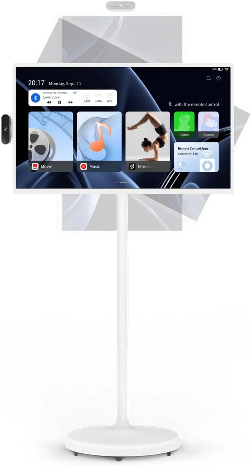 32-Inch Portable TV, 1080P FHD Rolling TV on Wheels with Rotatable Touch Screen, Android 13 OS, 8G RAM 128G Storage, Built-in Battery, Full Swivel Rotation, Voice Remote E6333