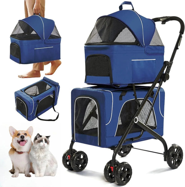 Double Dog Stroller for 2 Dogs, Detachable Carriers, Safety Belt, Lockable Wheels, Pet Travel Carrier Strolling Cart, Folding Cat Stroller for Small Medium Pets Dogs (Blue) F8356
