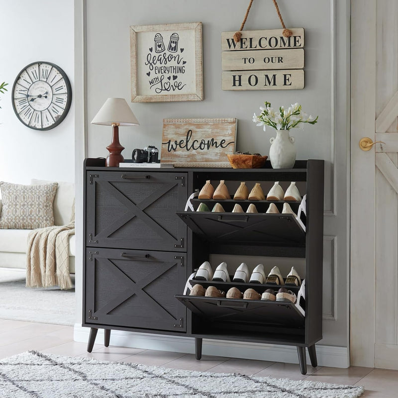 Shoe Storage Cabinet,Farmhouse Shoe Organizer with 4 Flip Drawers & Barn Door Design,Freestanding Hidden Slim Narrow Shoe Rack Cabinet for Entryway,Foyer,Hallway,Walnut I4039