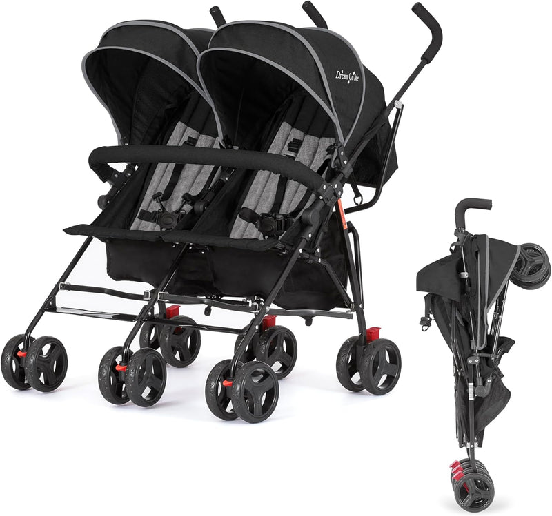Twin Umbrella Stroller in Black, Lightweight Double Stroller for Infant & Toddler, Compact Easy Fold, Large Storage Basket, Large and Adjustable Canopy O3893