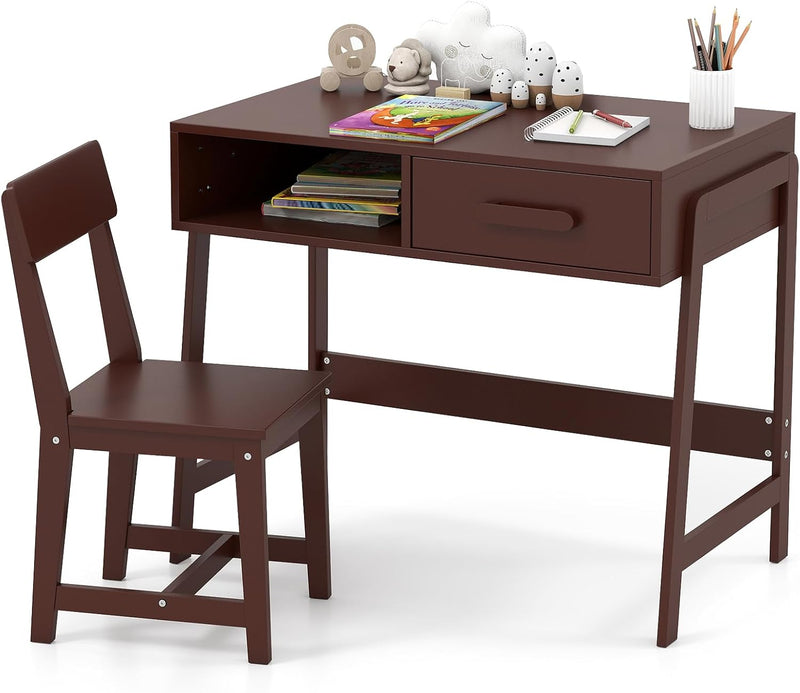 Kids Desk and Chair Set, Wooden Children School Study Table and Chair w/Storage Drawer & Hutch, Student Writing Desk Computer Workstation for Bedroom, Gift for 3 Years Old (White) H8265