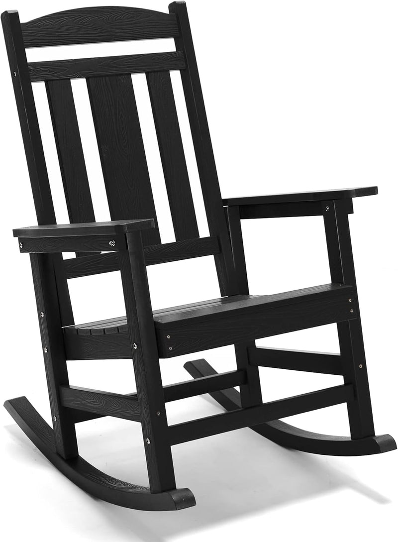Rocking Chair Outdoor, Weather Resistant Poly Plastic Rocker Chairs, 350lb Heavy Duty, Oversized Porch for Adult, High Back Smooth Chairs Outdoor & Indoor, Black 1Chair V5691