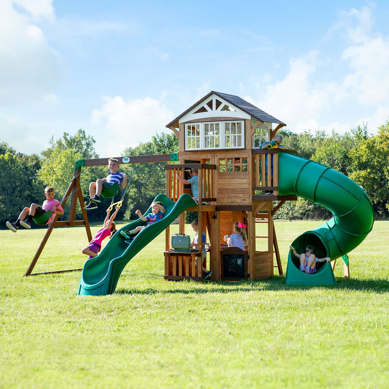 Kids' Bristol Point Cedar Wood Swing Set with Swing Beam, Upper & Lower Fort, Rock Wall & Slide Play for up to 11 Kids K6527