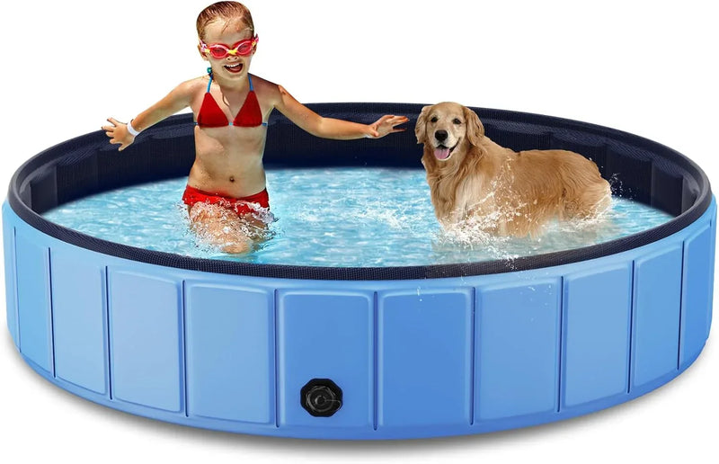 Foldable Dog Swimming Pool, 120"x20" Oversize Collapsable Hard Plastic Potable Bathing Tub for Pet Dog Kiddie Pool Indoor and Outdoor Leakproof PVC Play Pool for Large Dogs Pets Puppy Kids Blue J5509