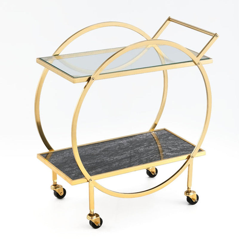 Zara 2-Tier Circular Rolling Bar Storage Cart with Mirrored Top, Gold A0515