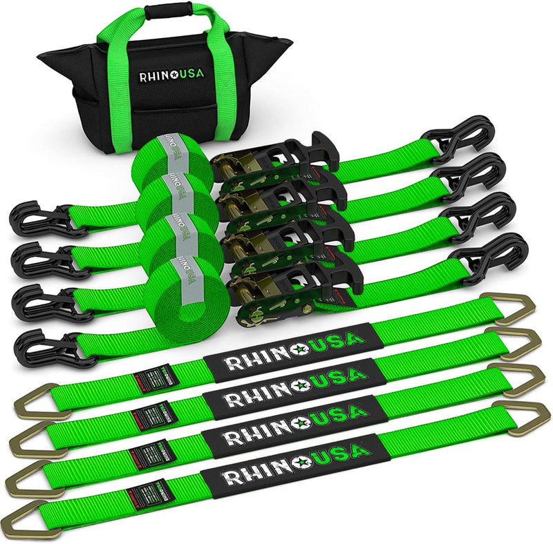 Car Tie Down Straps for Trailers with J Hooks (4-Pack) - 2 Inch x 8 Feet (10,000lb Break Strength) - Heavy Duty T-Handle Car Hauler Tire Straps for Trailer & UTV with Axle Straps - Black J2332