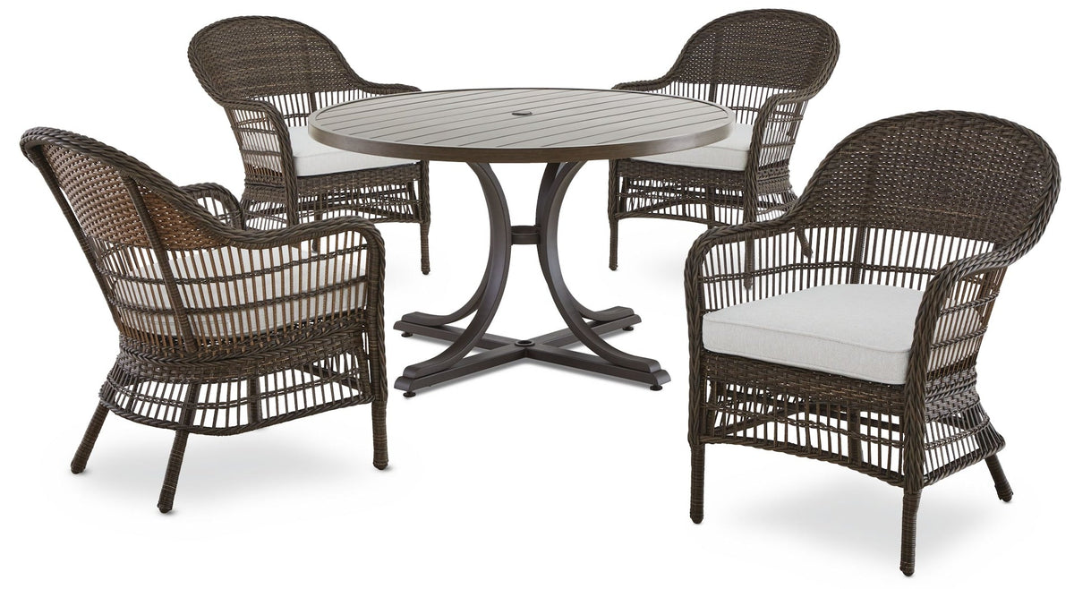 Lorette Outdoor Patio Round Dining Set with Wicker Chairs and Built-in Umbrella Pedestal, Brown, 5-pc