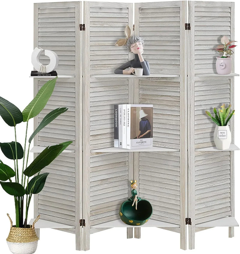 ECOMEX Room Divider 4 Panel, White with Shelves, Wall Dividers and Folding Privacy Screens N2568