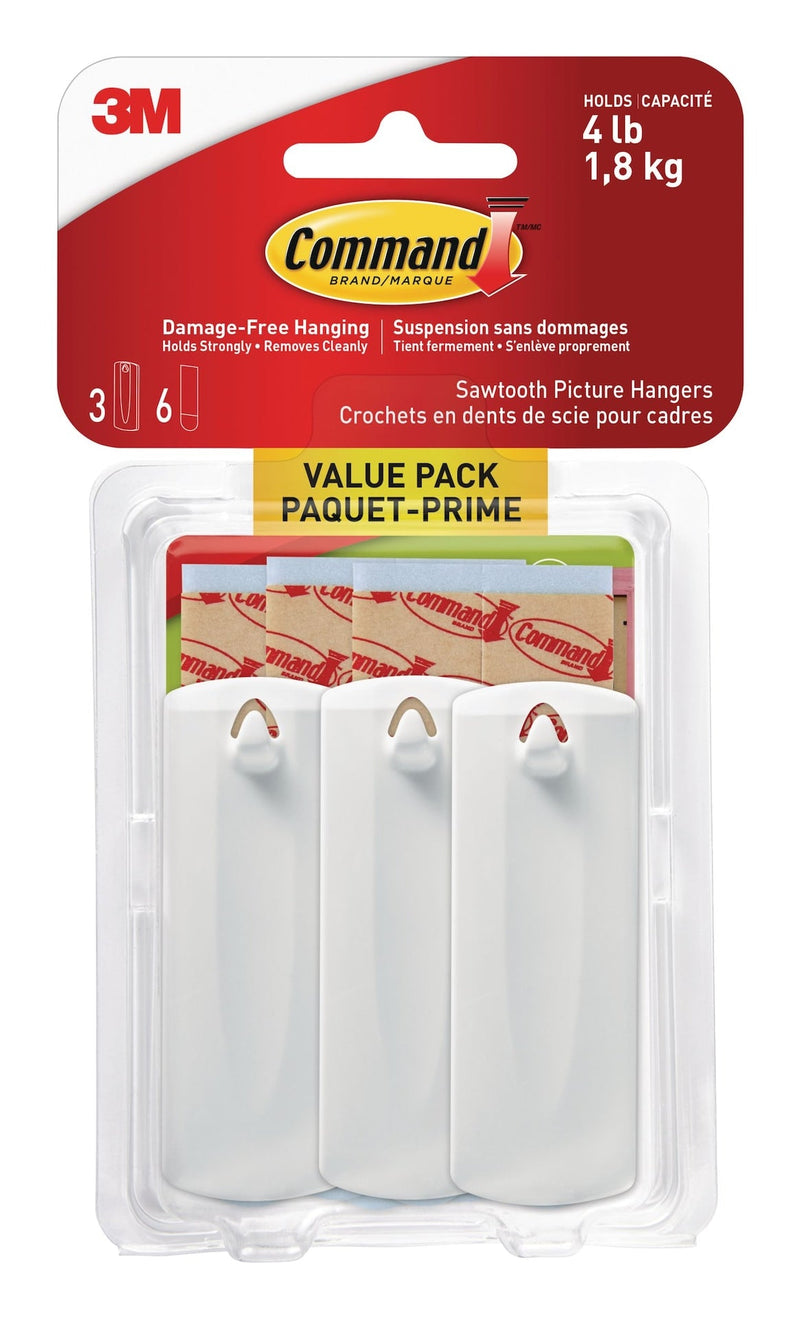 Adhesive Sawtooth Picture Hanging Hooks with Adhesive Strips, White, 4-lbs, 3 Strips per Pack F0634