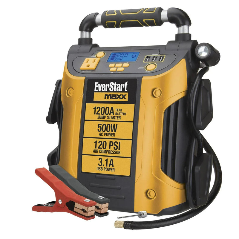 J5CPDE Jump Starter, Power Station, 1200 Peak Battery Amps with 500W Inverter and 120 PSI Compressor Q8763