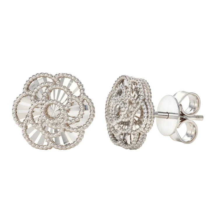 Diamond Cut Textured Flower Stud Earrings in White Gold V0988