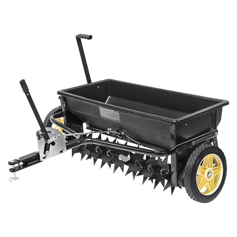 Broadcast seeder, 100-pound tractor-mounted rear polyethylene seeder with 10-inch wheels, equipped with a steel spike weeder, fertilizer spreader, garden seeder and salt spreader, suitable for residences, farms, rough terrain, and black pavement. E9464