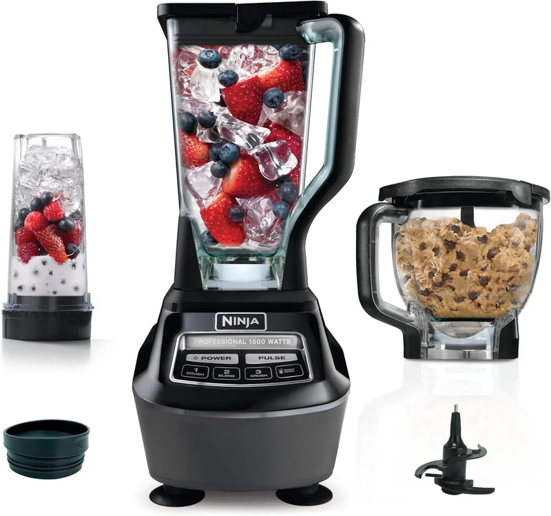 Blender, Mega Kitchen System, 1500W, 4 Functions for Smoothies, Processing, Dough, Drinks & More, with 72 Blender Pitcher, 64 Processor Bowl, 2 Nutri Cups Lids, Black, BL770 E1193