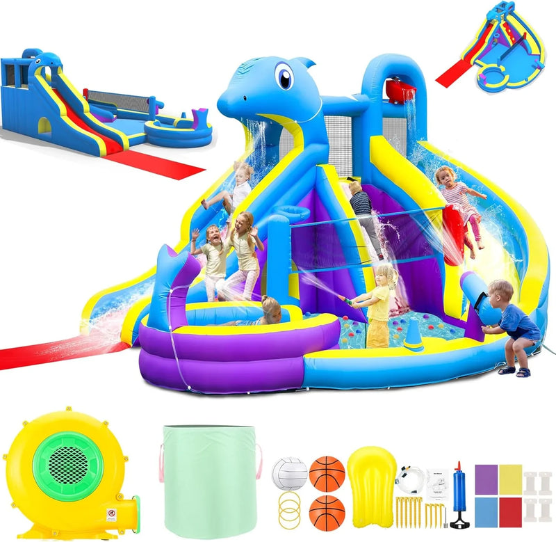 11-in-1 Inflatable Water Slide & Dolphin Bounce House w/2 Long Slides, 19.7 Ft x 13.1 Ft Extra Large Waterslide Climbing Wall w/Small Deeper Pool,Water Cannons,Hoop for Kids Backyard,550W Blower T3420
