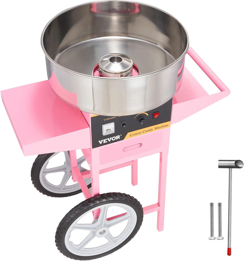 Electric Cotton Candy Machine with Cart, 1000W Commercial Floss Maker with Stainless Steel Bowl, Sugar Scoop and Drawer, Perfect for Home, Kids Birthday, Family Party, Pink S4649