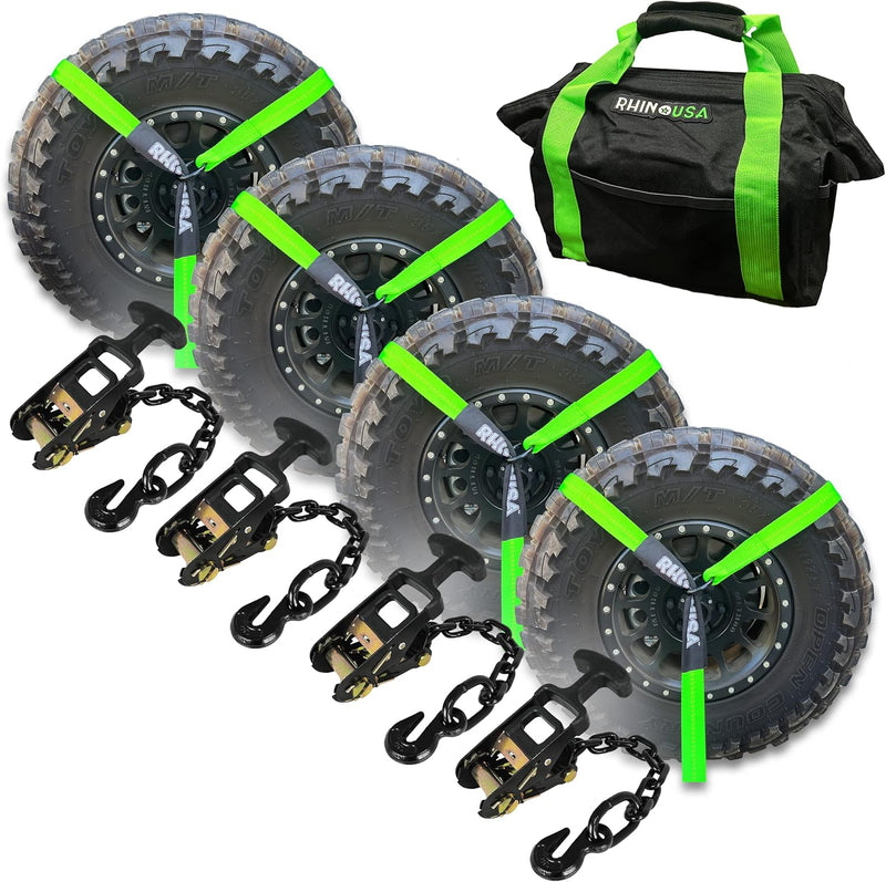 Car Tie Down Straps for Trailers with Flat Hooks (4-Pack) - 2 Inch x 8 Feet (10,000lb Break Strength) - Heavy Duty T-Handle Car Lasso Tire Straps for Trailer & UTV - Black N7306