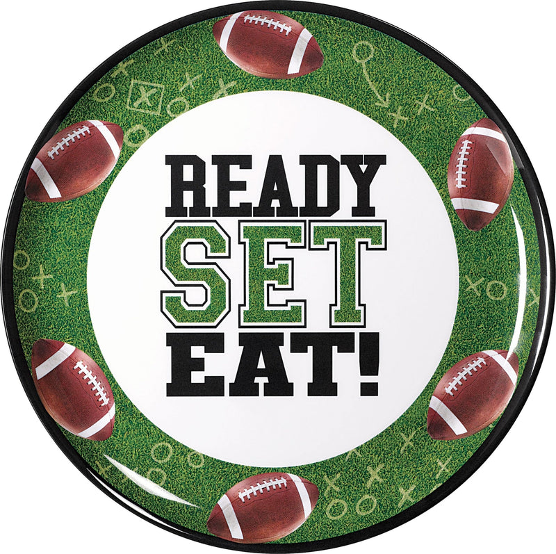 Football "Ready Set Eat" Round Plastic Melamine Reusable Serving Platter, Green, 13.5-in, for Sports Party W2279