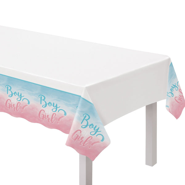 "Girl or Boy?" Rectangle Plastic Reusable Table Cover, Pink/Blue, 54x102-in, for Gender Reveal D6318