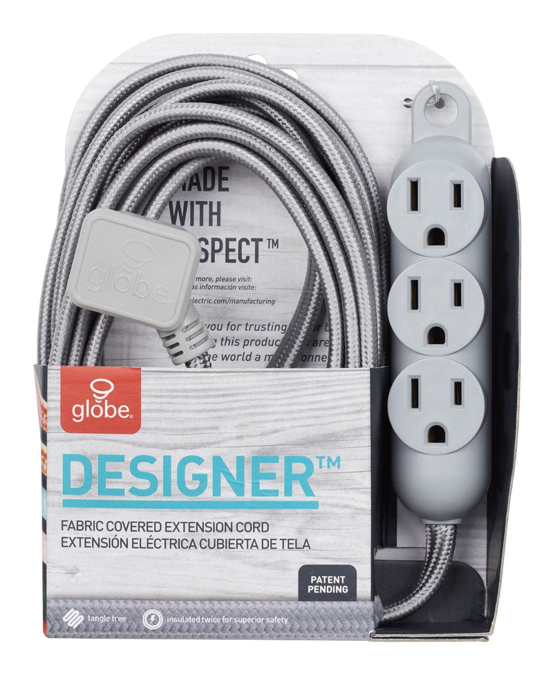 12-ft 16/3 Fabric Extension Cord, Right Angle Plug, 3 Outlets, Grey L2221