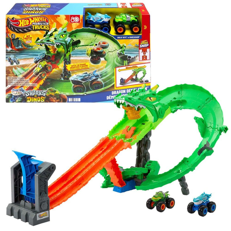 Sharks vs. Dinos Dragon Destruction Playset with 2 1:64 Monster Trucks K6647