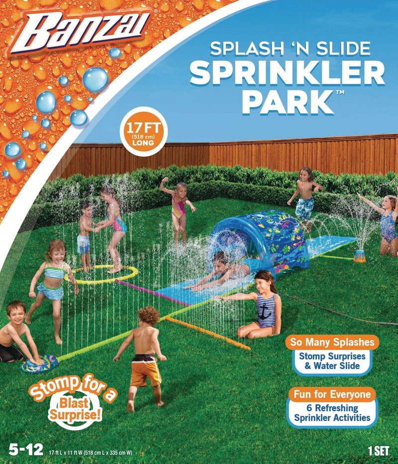 Inflatable Splash ‘N Slide Water Sprinkler Park, Blue, 17-ft, Ages 5+, for Beach/Pool Fun Activities B5624