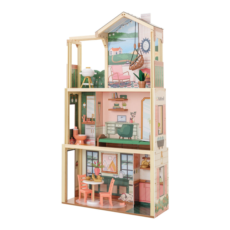 Three Story Collapsible Click N Play Wooden Dollhouse for Ages 4+ T2036