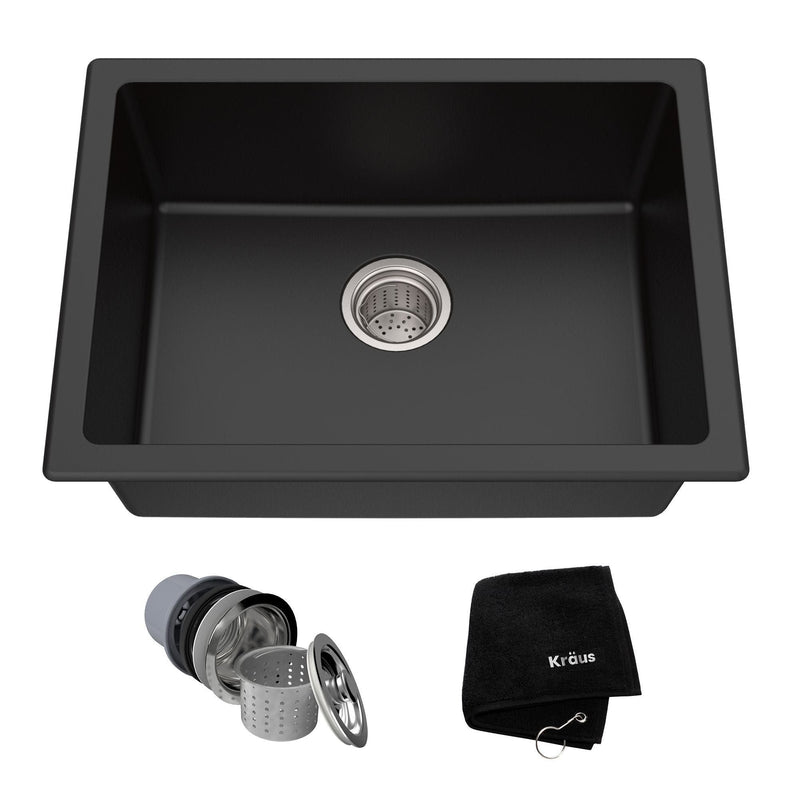 Quarza Top/Undermount Granite Single Bowl Kitchen Sink, Black Onyx, 24x18x9-in U2832