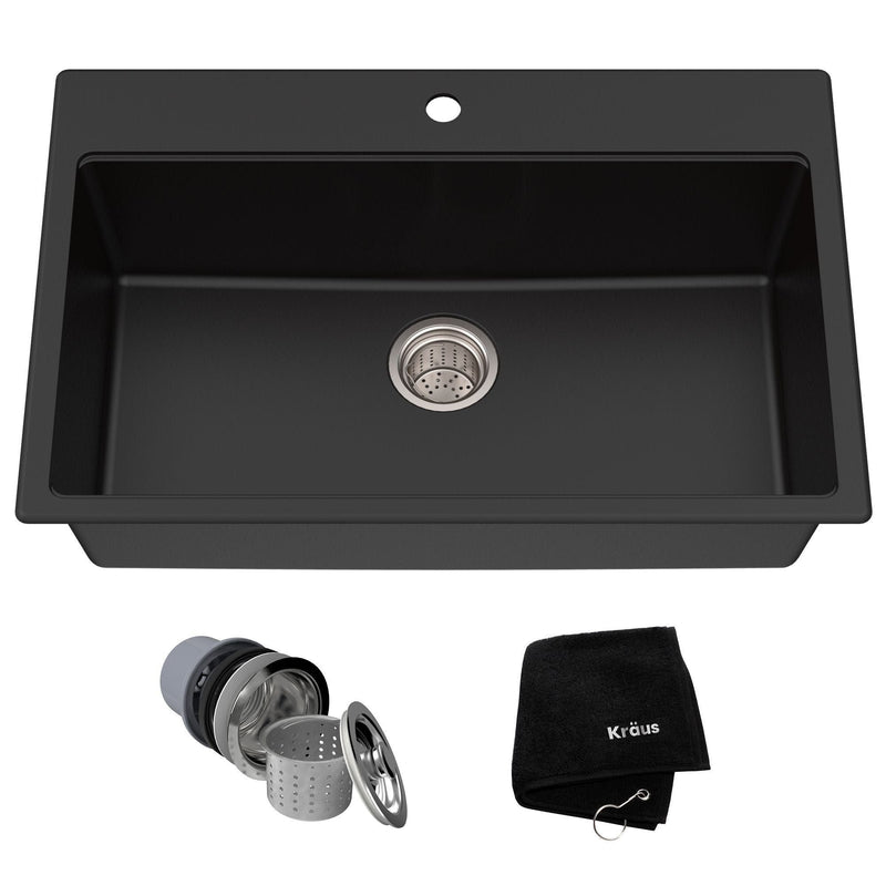 Quarza Top/Undermount Granite Single Bowl Kitchen Sink, Black Onyx, 31x20x9-in Q8054